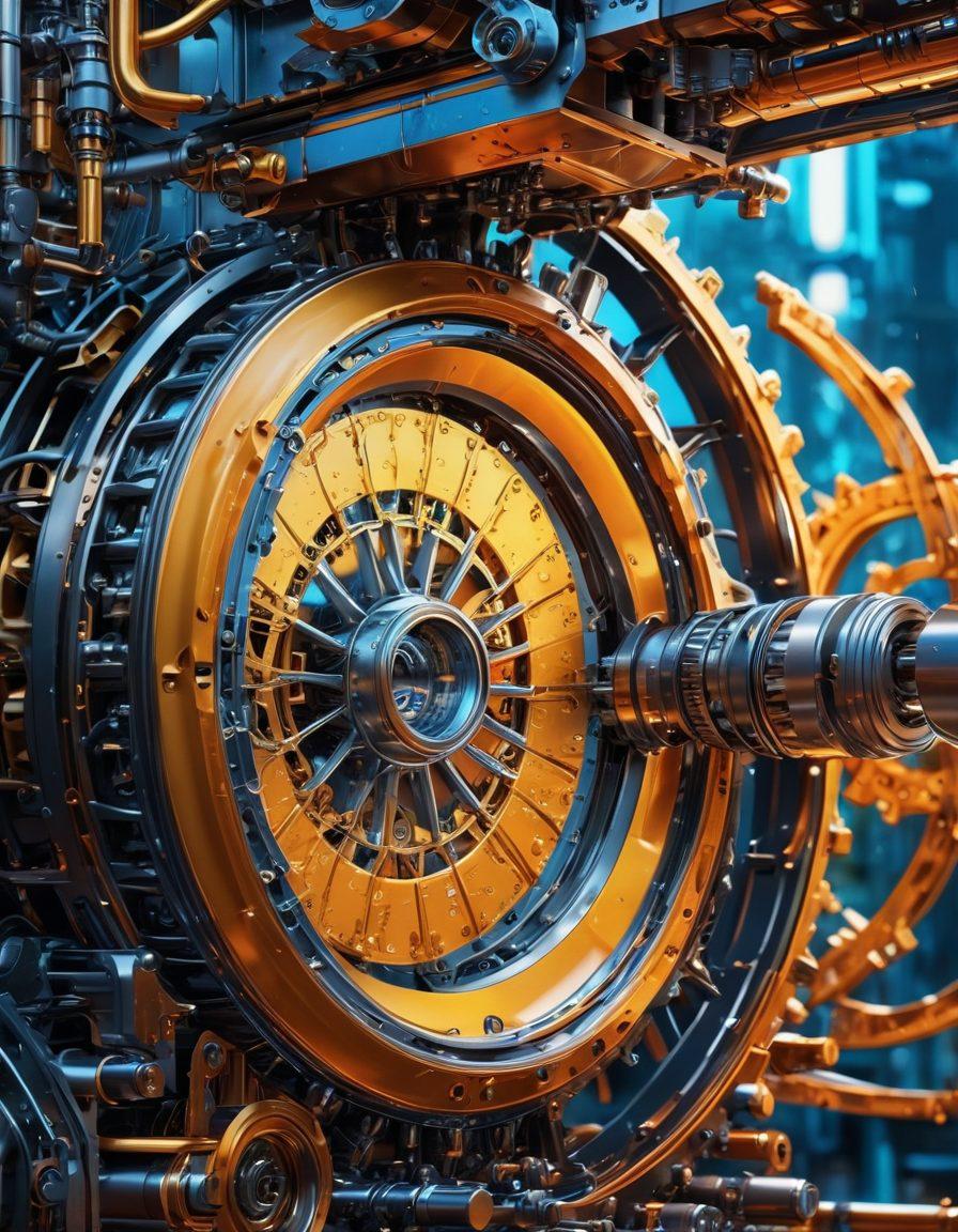 A dynamic illustration depicting intricate machinery parts working in harmony, surrounded by glowing oil droplets symbolizing advanced lubrication technology. Include a backdrop of engineers and scientists discussing over high-tech equipment and digital displays of tribology data. Showcase a blend of mechanical and organic textures to represent the synergy between technology and nature. vibrant colors. futuristic design. high detail.
